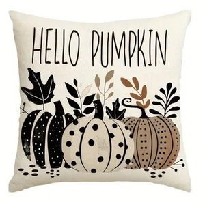 Hello Pumpkin autumn harvest pillow cover with decorative pumpkins on linen fabric