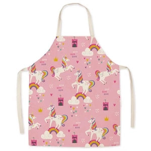Pink cotton linen apron featuring cute cartoon unicorn and rainbow prints for kitchen use