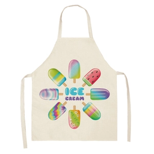 Detail of cotton linen apron showing colorful ice cream print and ICE CREAM text