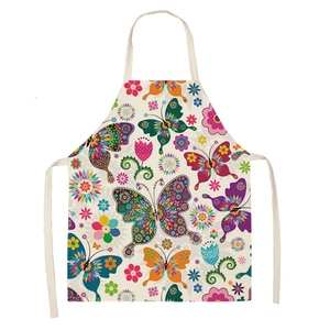 Floral butterfly print kitchen apron with neck strap and waist ties on white background