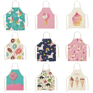 Cute Cartoon Pattern Printing Kitchen Apron Sleeveless Linen Blend Protective Cooking Apron For Women Kids Household Baking