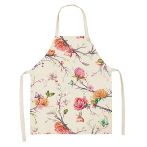 Kitchen apron with floral butterfly print in beige cotton linen fabric for home cooking