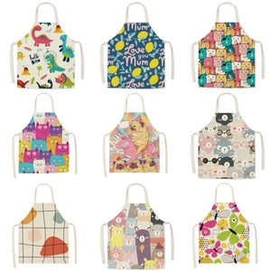 Cartoon Print Linen Apron Halter Neck Sleeveless Parent-Child Kitchen Apron For Cooking Painting Gardening Women Kids
