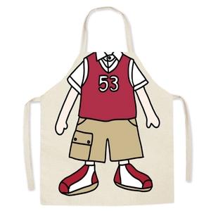 Detail of beige linen apron featuring a cute cartoon boy print and number 53 design