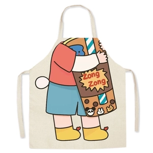 Detail of cartoon bunny hugging milk tea print on linen apron for kitchen use