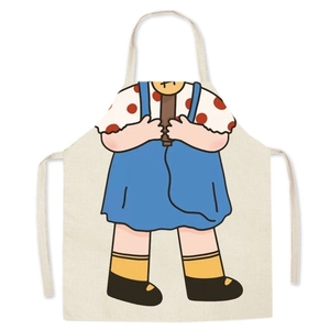 Minimalist beige cotton linen apron with cute cartoon girl print for kitchen and studio