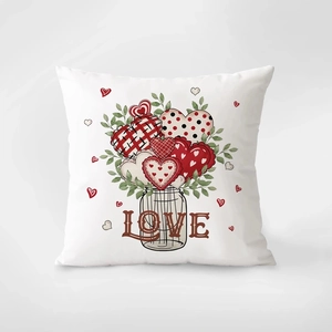 Linen Valentine square pillow case with heart jar design and LOVE text for home sofa decor