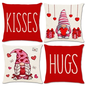 4er-Set Valentinstag Kissenbezüge mit roten Gnomen und dekorativen Herzmustern für Sofa
