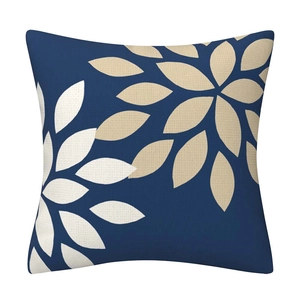 Modern navy blue geometric floral throw pillow cover with abstract leaf pattern for sofa