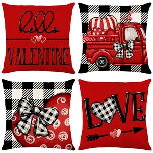 Vierer-Set Valentinstag-Kissenbezüge aus Leinen mit Karomuster und roten LKW-Motiven