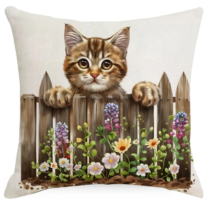 Detalle de funda de cojín rústica con ilustración de gato y flores de jardín coloridas