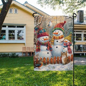 Christmas garden flag with snowmen, cat and birds illustration on linen fabric texture