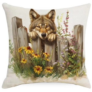 Detalle de funda de cojín de lino con diseño de lobo y flores de girasol