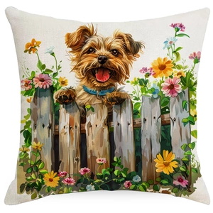 Detalle de funda de cojín rústica con diseño de Yorkshire Terrier y girasoles