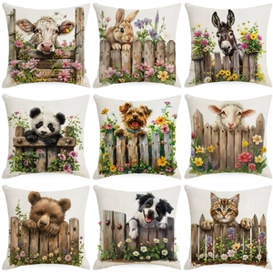 Funda de Cojín de Animales de Granja de Primavera Lino Estampado Floral Vaca Conejo Cerdo Funda de Almohada Decorativa Cuadrada Hogar