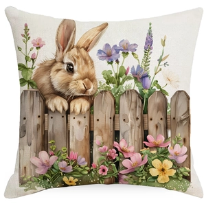 Funda de cojín decorativa con conejo de acuarela y flores sobre tela de lino rústico