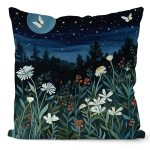 Detailed view of the starry night forest illustration on a square throw pillow case