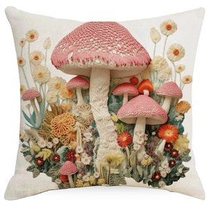 3D mushroom and daisy floral embroidery print cushion cover for home sofa decor