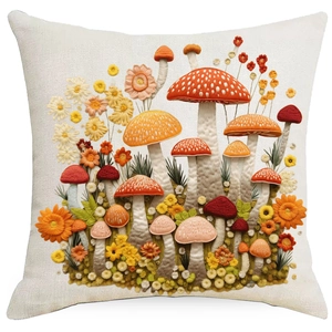 Macro detail of 3D mushroom embroidery on beige linen cushion cover fabric