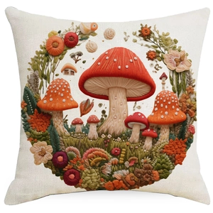 3D mushroom embroidery visual print on beige linen pillowcase for home sofa decoration