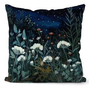 Floral night sky pillow cover featuring hand-painted forest flowers on a dark blue background