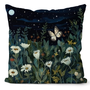 Detail of floral pillow cover featuring nocturnal garden print and artistic butterfly