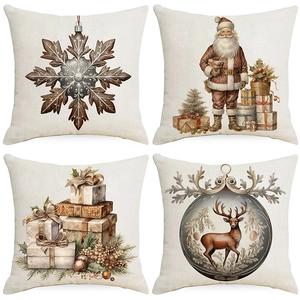 Set di 4 federe natalizie vintage in lino con motivi di Babbo Natale e renne festive
