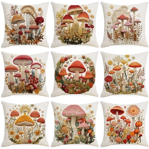 Mushroom Linen Cushion Cover 3D Visual Print Embroidered Look Botanical Floral Forest Pattern Throw Pillow Case For Sofa Home Decor
