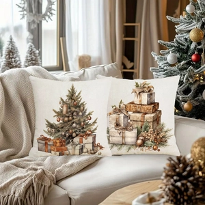 Set di due federe per cuscini natalizi in lino vintage con albero e scatole regalo dipinte