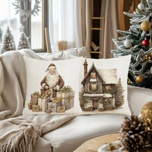 Dettagli delle federe per cuscini natalizi in lino con Babbo Natale vintage e chalet