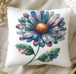 Detail of bohemian floral daisy print pillowcase with textured fabric and vibrant colors