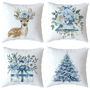 Set of four blue watercolor Christmas pillow covers with reindeer and snowflakes