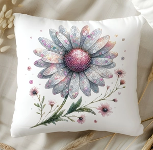 Detail of white square cushion cover with artistic daisy flower print on fabric