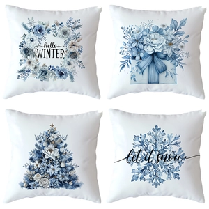 Blue Christmas Snowflake Reindeer Polyester Pillowcase Square Winter Holiday Decorative Cushion Cover For Home Sofa