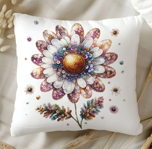 Detail of white square cushion cover featuring colorful sequin-effect floral daisy print