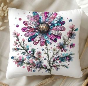 Detailed view of colorful glitter daisy floral embroidery on white square cushion cover