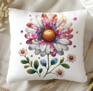 Macro detail of daisy floral pattern with sequin texture on white cushion cover
