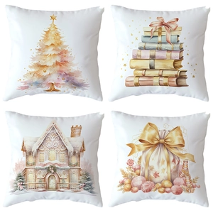 Detailed set of four Christmas pillow covers featuring watercolor holiday tree and gift motifs
