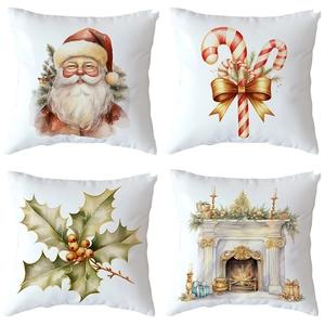 Set of four Christmas pillow covers featuring watercolor Santa and festive holiday motifs