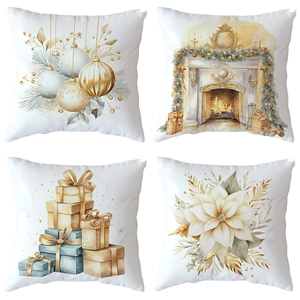 Set of 4 Christmas pillow covers with gold Santa and holiday watercolor prints