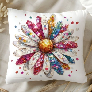 Square white pillowcase with colorful glitter daisy floral print on textured fabric