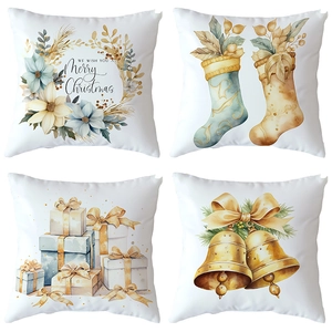 Set of 4 Christmas pillow covers with festive watercolor illustrations on white fabric