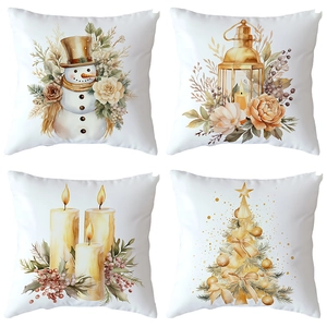 Set of four Christmas pillow covers with watercolor Santa, snowman, and tree illustrations