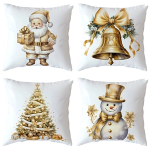Detailed view of four Christmas pillow covers featuring golden Santa and tree patterns