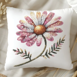 Elegant white velvet cushion cover featuring a sparkling daisy flower embroidery design