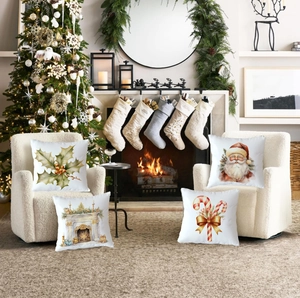 Close-up of four Christmas pillow covers featuring Santa and festive fireplace prints