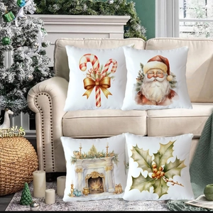 Set of 4 Christmas pillow covers with Santa and candy cane prints on home sofa