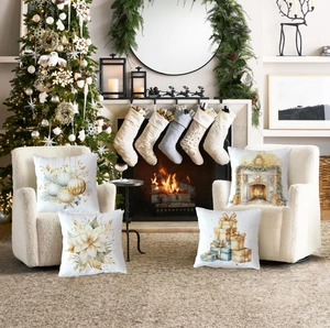 Set of four Christmas pillow covers with festive gold baubles and fireplace prints