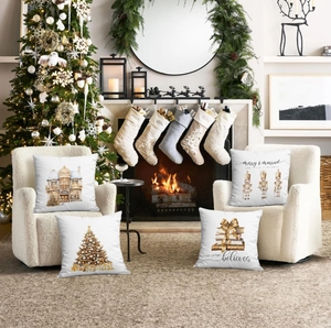 Detailed view of four Christmas pillow covers featuring Nutcracker and festive gold prints