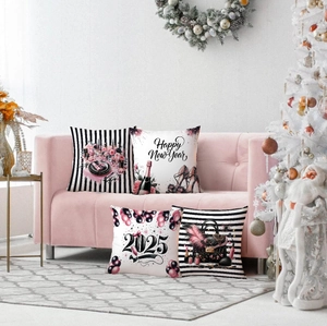 Close-up of four 2025 New Year decorative pillowcases with fashion illustrations on pink sofa